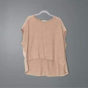 Free People We the Free Distressed Short Sleeve Beige Tan Shirt Medium